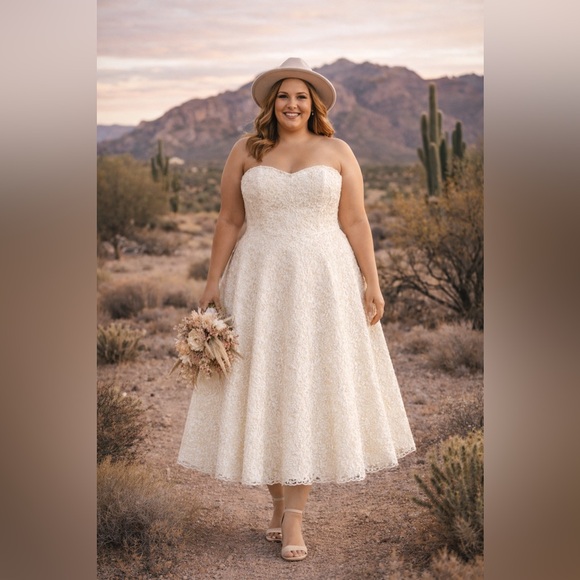 Brand new with tags David's Bridal ivory lace tea-length wedding dress size  22W - www.magambanetwork.com